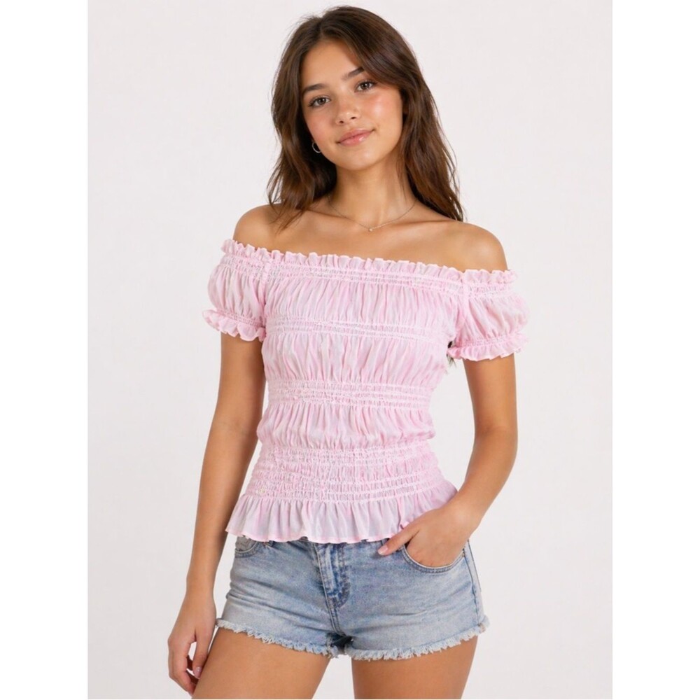 Vixen Juniors Pink Sheer Off Shoulder Smocked Blouse Ruffle Trim Top L